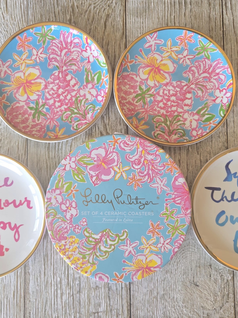 Lilly Pulitzer Breakwater Blue Lolita Floral Pineapple Ceramic Coasters Set